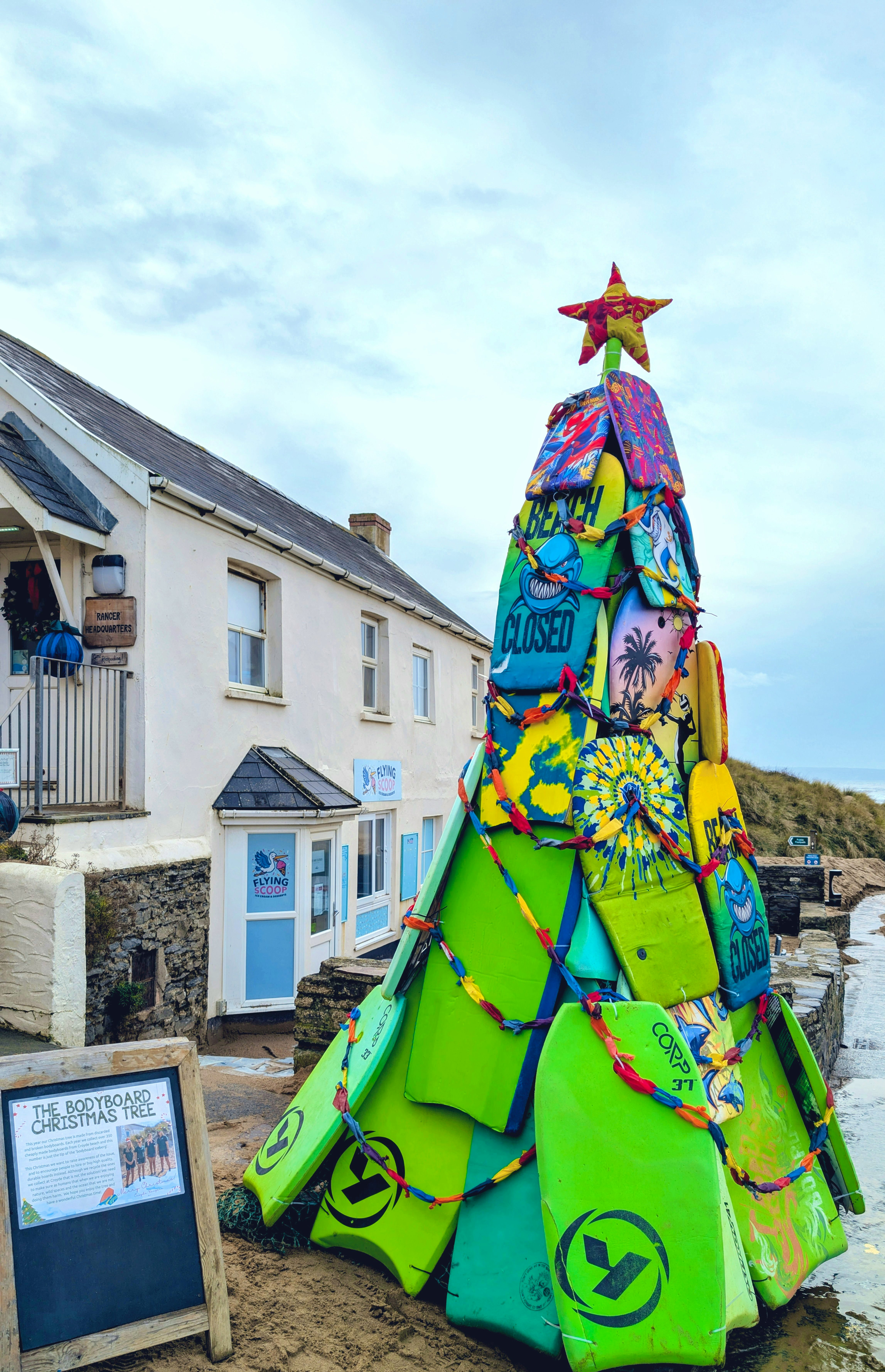 Christmas bodyboard tree. Ruda Holiday Park. Family holidays in North Devon. Croyde surf beach. Ocean literacy.